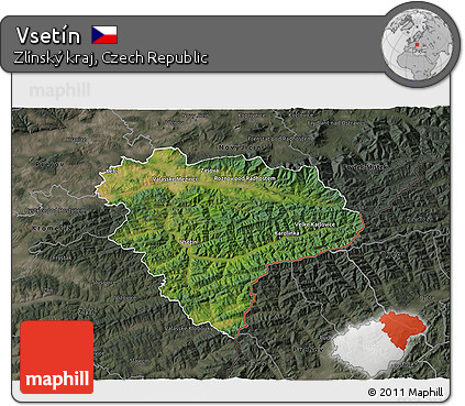 Satellite 3D Map of Vsetín, darken, semi-desaturated