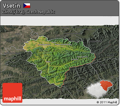 Satellite 3D Map of Vsetín, darken, semi-desaturated