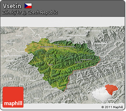Satellite 3D Map of Vsetín, lighten, semi-desaturated