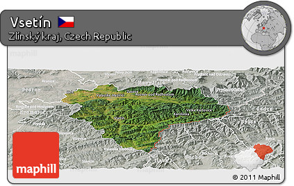 Satellite Panoramic Map of Vsetín, lighten, semi-desaturated