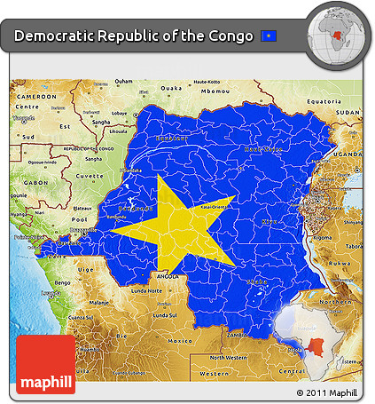 Flag 3D Map of Democratic Republic of the Congo, physical outside, bathymetry sea, flag aligned to the middle