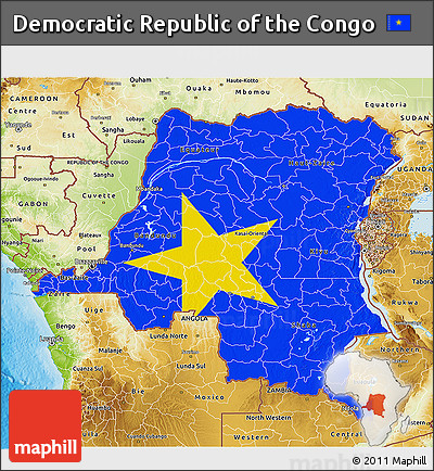 Flag 3D Map of Democratic Republic of the Congo, physical outside, bathymetry sea, flag aligned to the middle