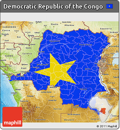 Flag 3D Map of Democratic Republic of the Congo, physical outside, bathymetry sea, flag aligned to the middle