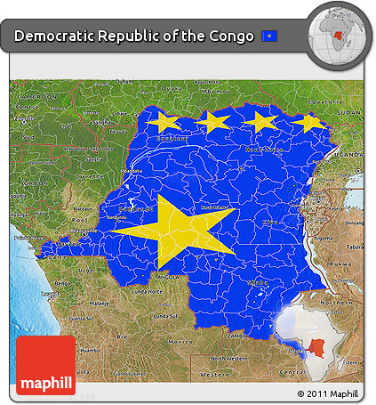Flag 3D Map of Democratic Republic of the Congo, satellite outside, bathymetry sea, flag rotated