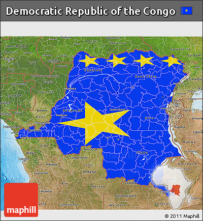Flag 3D Map of Democratic Republic of the Congo, satellite outside, bathymetry sea, flag rotated