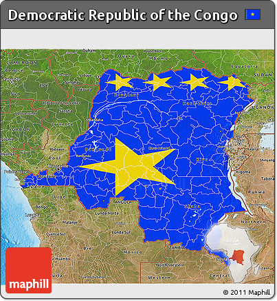 Flag 3D Map of Democratic Republic of the Congo, satellite outside, bathymetry sea, flag rotated