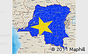 Flag 3D Map of Democratic Republic of the Congo, shaded relief outside, bathymetry sea, flag aligned to the middle