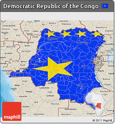 Flag 3D Map of Democratic Republic of the Congo, shaded relief outside, flag rotated