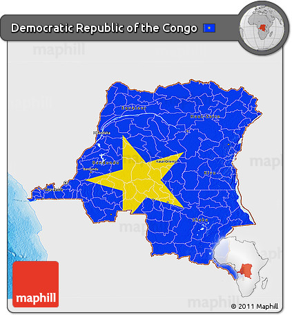 Flag 3D Map of Democratic Republic of the Congo, single color outside, bathymetry sea, shaded relief sea, flag aligned to the middle