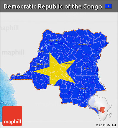 Flag 3D Map of Democratic Republic of the Congo, single color outside, bathymetry sea, shaded relief sea, flag aligned to the middle