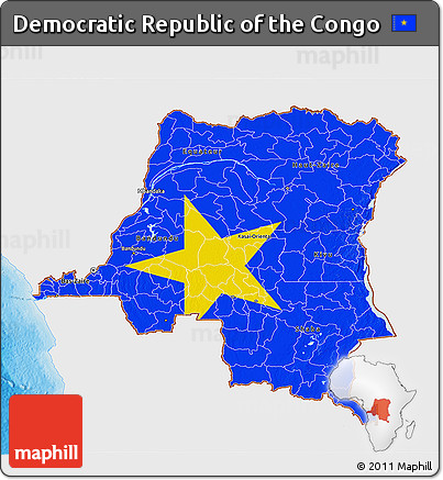Flag 3D Map of Democratic Republic of the Congo, single color outside, bathymetry sea, shaded relief sea, flag aligned to the middle