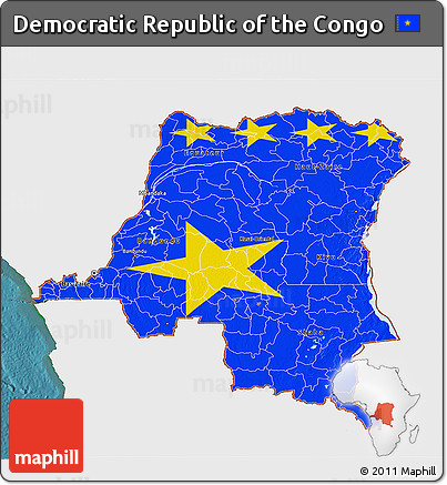 Flag 3D Map of Democratic Republic of the Congo, single color outside, satellite sea, flag rotated