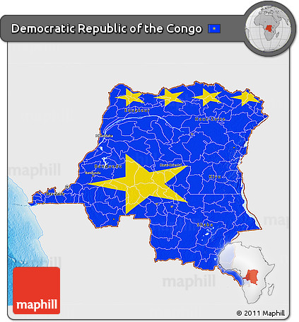 Flag 3D Map of Democratic Republic of the Congo, single color outside, shaded relief sea, flag rotated