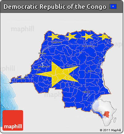 Flag 3D Map of Democratic Republic of the Congo, single color outside, shaded relief sea, flag rotated