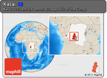 Shaded Relief Location Map of Kasai, highlighted country, highlighted parent region, within the entire country