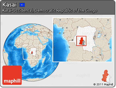 Shaded Relief Location Map of Kasai, highlighted country, highlighted parent region, within the entire country