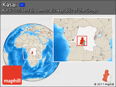 Shaded Relief Location Map of Kasai, highlighted country, highlighted parent region, within the entire country