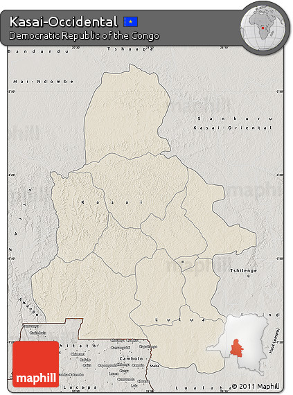 Shaded Relief Map of Kasai-Occidental, semi-desaturated