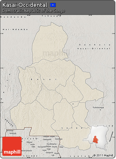 Shaded Relief Map of Kasai-Occidental, semi-desaturated