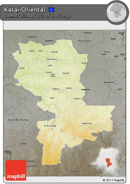 Physical 3D Map of Kasai-Oriental, darken, semi-desaturated