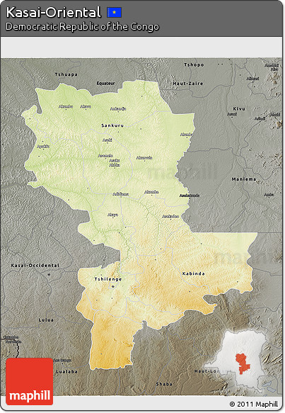 Physical 3D Map of Kasai-Oriental, darken, semi-desaturated