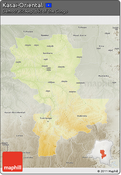 Physical 3D Map of Kasai-Oriental, semi-desaturated