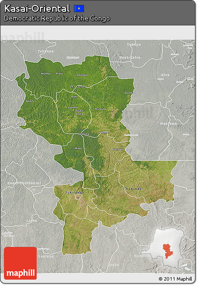 Satellite 3D Map of Kasai-Oriental, lighten, semi-desaturated