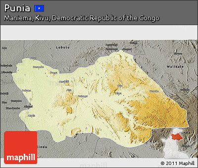 Physical 3D Map of Punia, darken, semi-desaturated