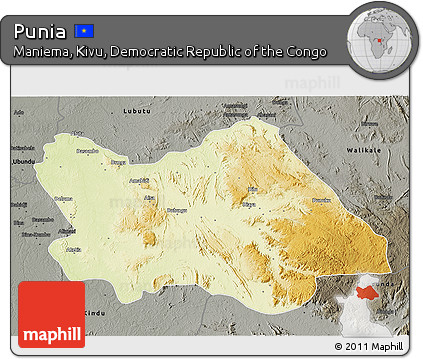 Physical 3D Map of Punia, darken, semi-desaturated
