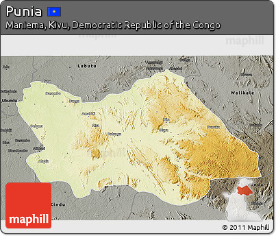 Physical 3D Map of Punia, darken, semi-desaturated