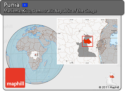 Gray Location Map of Punia, highlighted country, highlighted parent region, hill shading