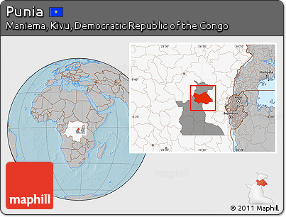 Gray Location Map of Punia, highlighted country, highlighted parent region, hill shading