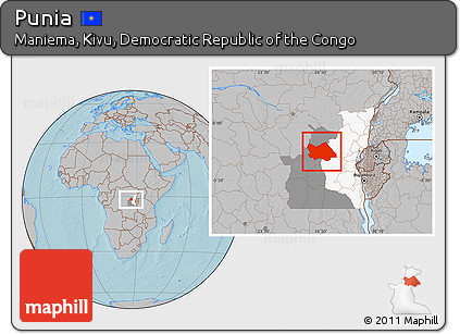 Gray Location Map of Punia, highlighted parent region, highlighted grandparent region, hill shading