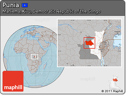 Gray Location Map of Punia, highlighted parent region, highlighted grandparent region, hill shading