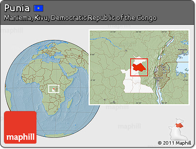 Savanna Style Location Map of Punia, highlighted parent region, hill shading
