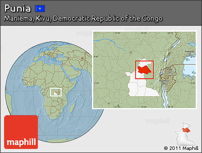 Savanna Style Location Map of Punia, highlighted parent region, hill shading