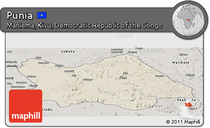 Shaded Relief Panoramic Map of Punia, semi-desaturated