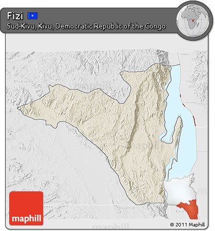 Shaded Relief 3D Map of Fizi, lighten, desaturated