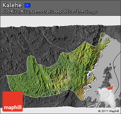 Satellite 3D Map of Kalehe, darken, desaturated
