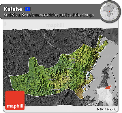 Satellite 3D Map of Kalehe, darken, desaturated
