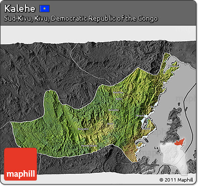 Satellite 3D Map of Kalehe, darken, desaturated