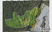 Satellite 3D Map of Kalehe, darken, semi-desaturated