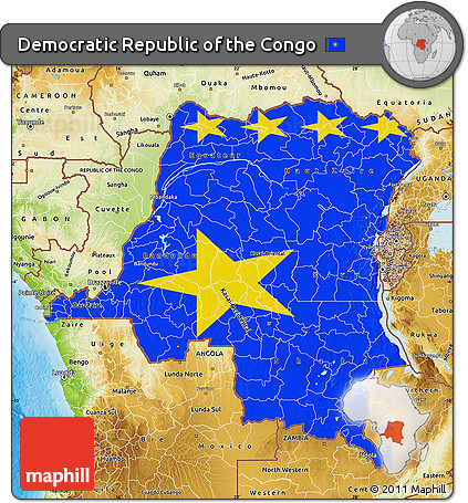 Flag Map of Democratic Republic of the Congo, physical outside, bathymetry sea, flag rotated