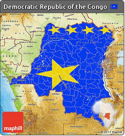 Flag Map of Democratic Republic of the Congo, physical outside, bathymetry sea, flag rotated