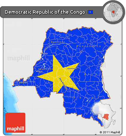 Flag Map of Democratic Republic of the Congo, single color outside, bathymetry sea, flag aligned to the middle