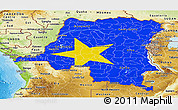Flag Panoramic Map of Democratic Republic of the Congo, physical outside, bathymetry sea, flag aligned to the middle