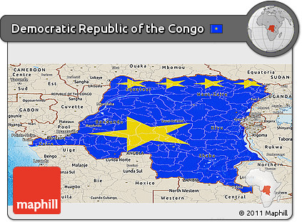 Flag Panoramic Map of Democratic Republic of the Congo, shaded relief outside, bathymetry sea, flag rotated