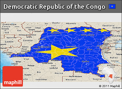 Flag Panoramic Map of Democratic Republic of the Congo, shaded relief outside, bathymetry sea, flag rotated