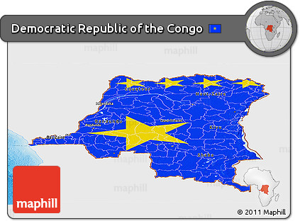 Flag Panoramic Map of Democratic Republic of the Congo, single color outside, shaded relief sea, flag rotated
