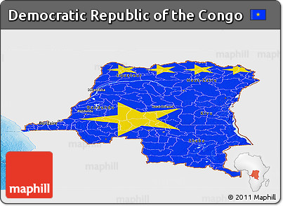 Flag Panoramic Map of Democratic Republic of the Congo, single color outside, shaded relief sea, flag rotated